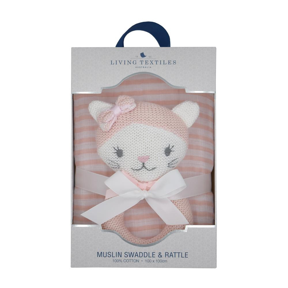 Muslin Swaddle & Rattle Gift Set - Daisy the Cat/Blush Stripe