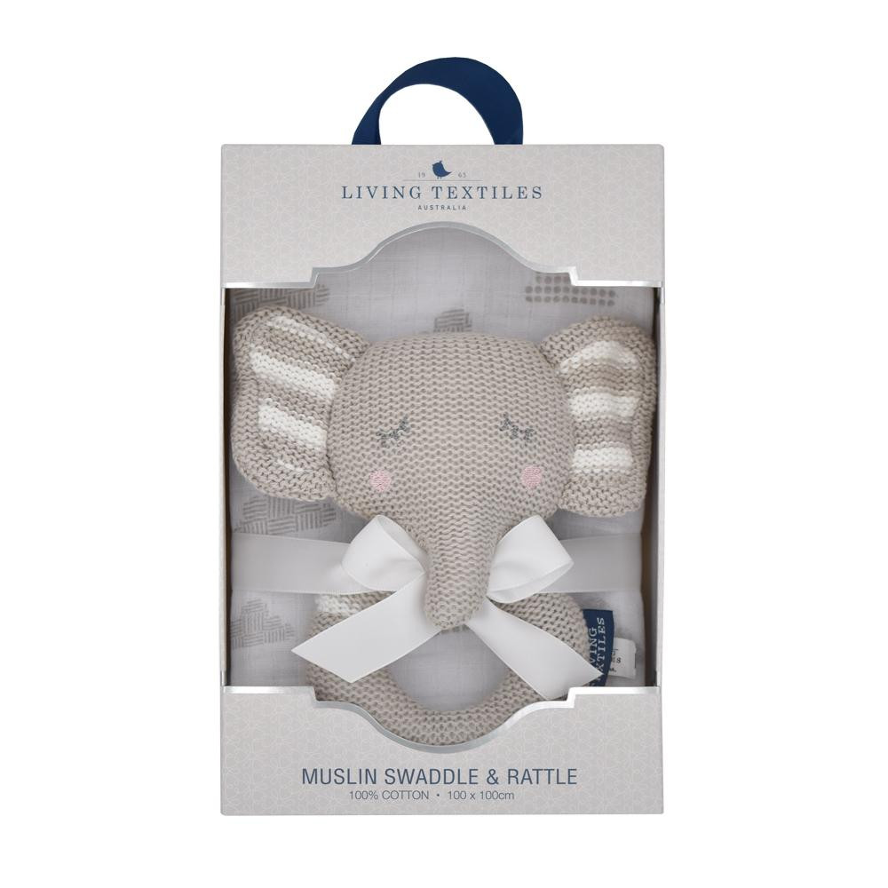 Muslin Swaddle & Rattle Gift Set - Eli the Elephant/Grey Clouds